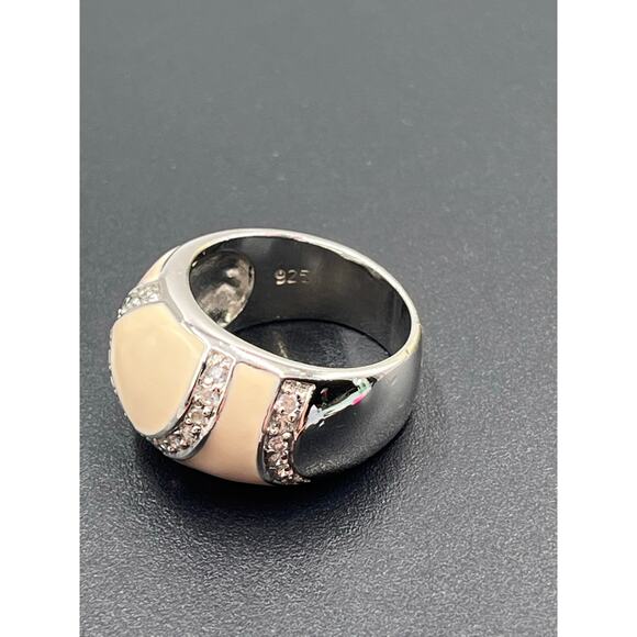 Vintage Sterling Silver Cream Enamel Rhinestone Striped Dome Ring Sz 8.25 - Picture 5 of 8
